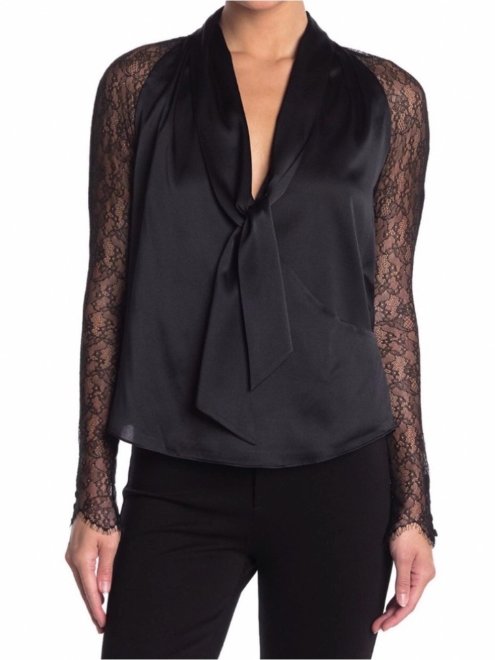 Jonathan Simkhai Black Silk Tie-Front Blouse with Lace Sleeves
